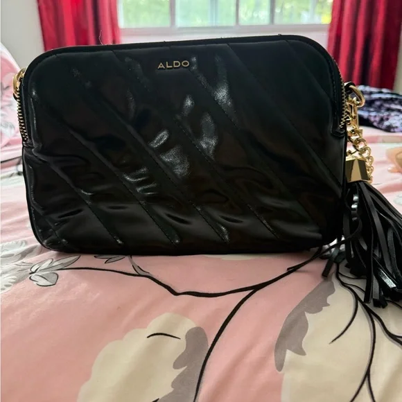 Aldo Black Glossy Crossbody Bag with Gold Accents - Picture 1 of 2